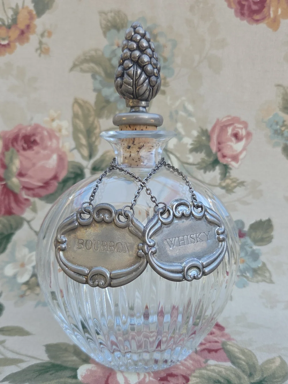 Vintage Glass Spirit Decanter with Silver Tone Labels - Clear